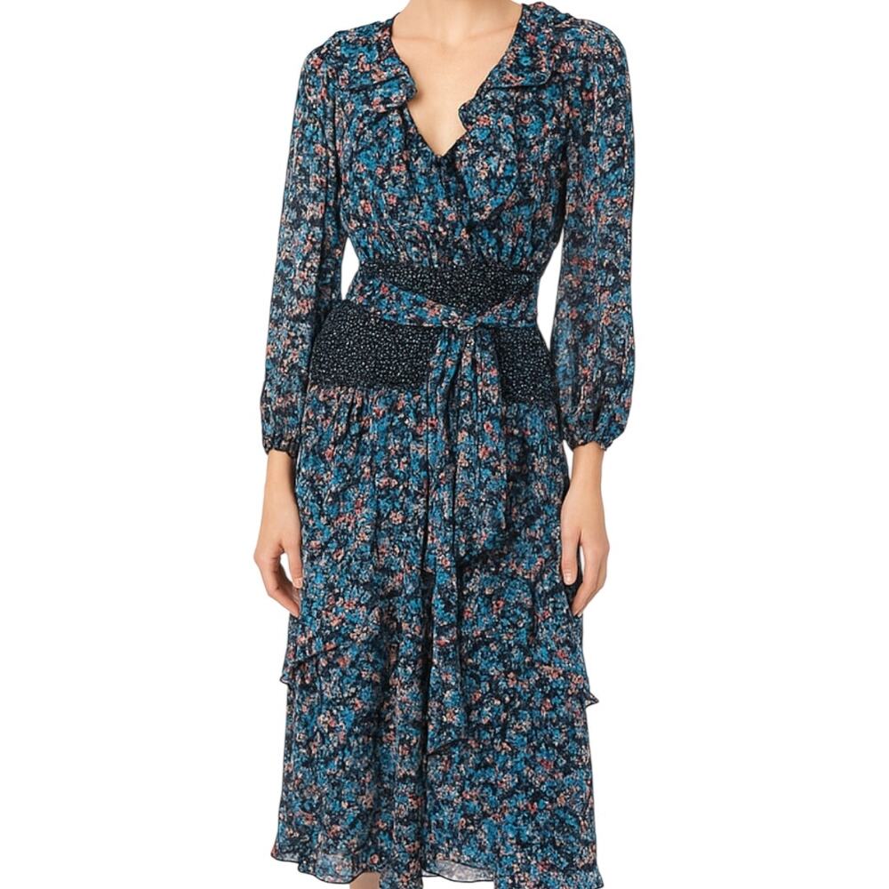 Vintage Diane Freis Ruffle Maxi Dress 80s Floral Tiered Waist Tie Blue Black L